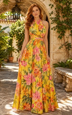 Yellow floral halter tie waist resort maxi dress