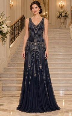 1920s Dark Navy V-neck Geometric Beaded Sleeveless Long Prom Dress