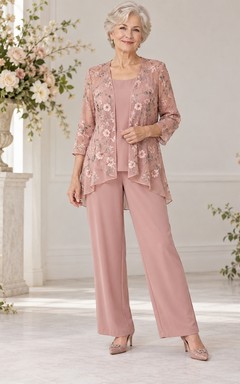 Modest Dusty Rose Floral Lace Jacket Wide Leg Mother Pantsuit