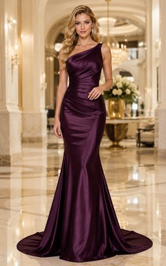Plum Satin One Shoulder Mermaid Evening Gown