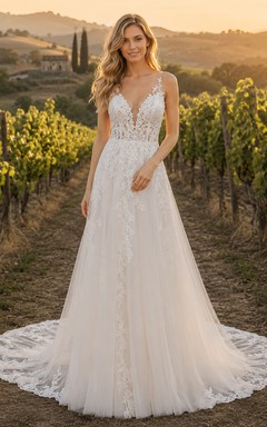 Open Back Lace A-Line Vineyard Garden Bridal Gown
