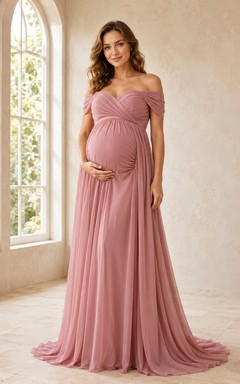Rose Window Empire Floor-Length Off-Shoulder Short-Sleeve Chiffon Romantic Maternity Dress
