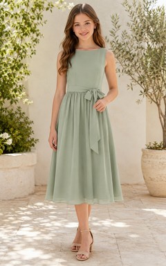 Celadonfarbenes Brautjungfernkleid für junge Mädchen, A-Linie, ärmellos, wadenlang, mit Schleifendetail, bezaubernd