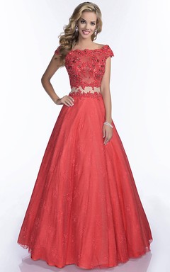 Lace A-Line Scalloped-Edge Cap Sleeve Prom Dress With Keyhole Back