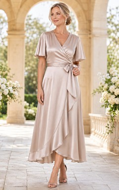 Champagne Romantic V-Neck Satin High-Low A-Line Mother of the Bride Wrap Dress with Flutter Sleeves and Sash