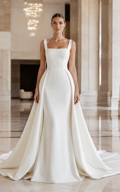 Satin-Hochzeitskleid im Meerjungfrauenstil mit eckigem Ausschnitt, ärmellos, Kapellenschleppe