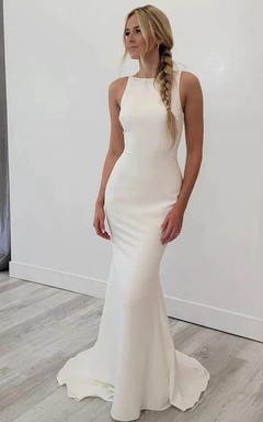 Simple Sheath Bateau-neck Sleeveless Low-v Back Wedding Dress