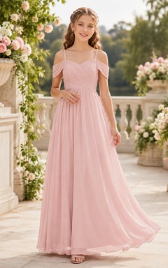 Vestido de dama de honor juvenil rosa perla, corte en A, hombros descubiertos, mangas cortas.