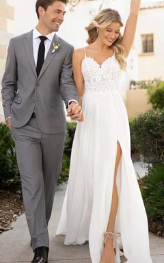 Robe de mariée fourreau décontractée en mousseline spaghetti fendue sur le devant et dos nu en V