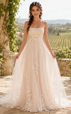 Tulle Wedding Dress A-Line Spaghetti Strap Chapel Train Bridal Gown