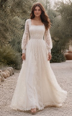 Boho Square Neck Long Poet Sleeve Lace A-Line Floor-Length Wedding Dress