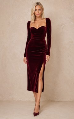 Robe de soirée bordeaux en velours à manches longues et décolleté cœur, longueur thé