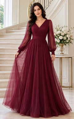 Burgundy Chiffon V-neck Long Sleeve A-Line Floor-length Formal Gown