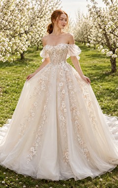 Brautkleid mit floralem Korsett, schulterfrei, aus Tüll, Frühlings-Orchard