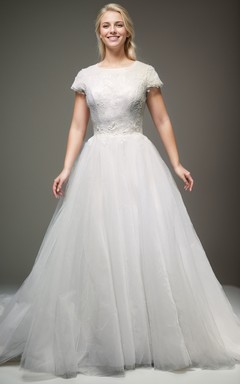 Modest Cap Scoop A-line Country Lace A-line Wedding Gown