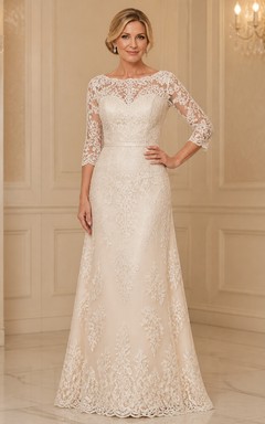 Soft-Scalloped Modest Older Brides Lace A-Line Floor-length Bateau Three-Quarter Sleeve Mother Dress