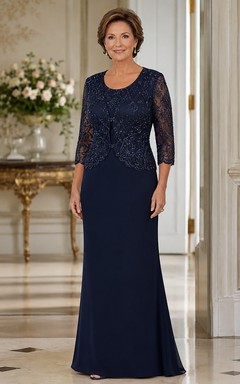 Robe fourreau bateau en mousseline de soie à manches 3/4 et dentelle, idéale pour la mère de famille.