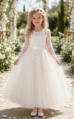 Vestido de niña de las flores, color marfil, encaje, tul, corte en A, manga larga, escote redondo, largo midi.