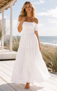 Off-the-Shoulder Tiered Chiffon Floor-Length Formal Wedding Dress