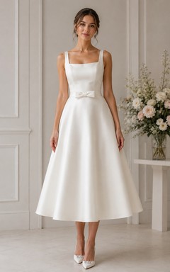 Ivory Tea-length Square Satin A-line Wedding Dress with Bow