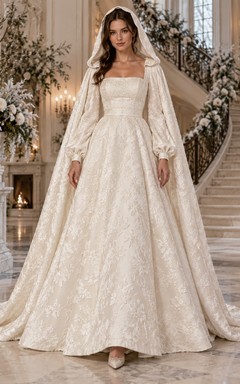 Langärmeliges, eckiges Brokat-Brautkleid in A-Linie mit Kapuze und Kapuze