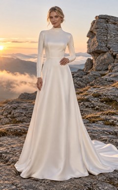 Simple Modest High Neck Long Sleeve Satin A Line Smooth Bodice Sweep Train Wedding Dress