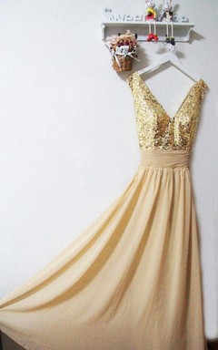 Paillettenkleid aus Chiffon in A-Linie mit goldenem V-Ausschnitt und goldenem Paillettenbesatz