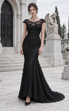 Gothic Black Mermaid Bateau Cap Sleeve Floral Lace Evening Gown