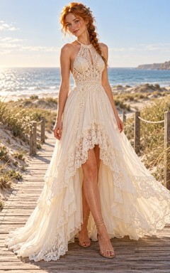 Boho High-low Halter Openwork Lace Chiffon A-line Train Wedding Dress
