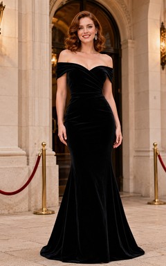 Black Velvet Off Shoulder Sweetheart Mermaid Evening Gown