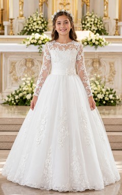 Robe de bal de première communion en tulle blanc illusion dentelle à manches longues