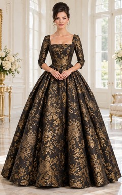 1960s Black Gold Square Neck Half Sleeve Jacquard Evening Ball Gown