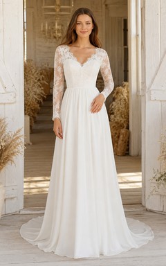 Bohemian Lace Chiffon Wedding A Line V Neck Long Sleeves Sweep Train