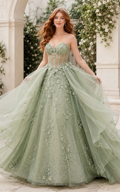 Vestido de princesa de quinceañera de lujo, sin tirantes, con estampado floral y sobrefalda de tul desmontable, color verde salvia.