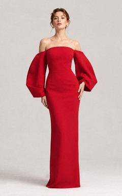 Red off shoulder puff sleeve mermaid floor length gown