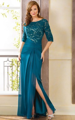 Half-Sleeved Bateau-Neck Long Gown With Side Slit And Lace