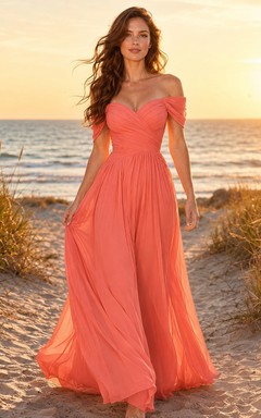 Robe de plage formelle en mousseline corail à épaules dénudées et décolleté cœur
