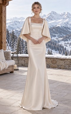 Simple Square Neck Satin Sheath Short Wedding Cape Dress