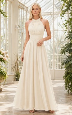 Cream Chiffon Halter Pleated Sleeveless Floor-Length A-Line Evening Dress