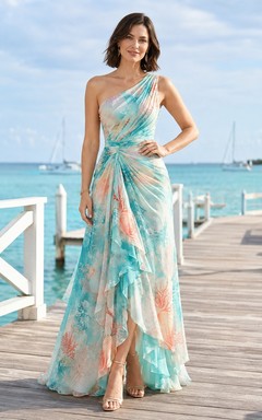 Aqua Coral One-Shoulder Printed Chiffon A-Line High-Low Ruffled Beach Guest Dress