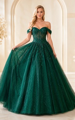 Vestido de gala de lujo Emerald Majesty en verde oscuro, largo hasta el suelo, con hombros descubiertos y manga corta, de tul, para quinceañera.