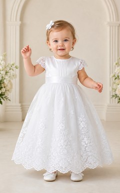 White Baby Lace Jewel Neck Cap Sleeve Bow Trimmed A-Line Ankle Christening Dress