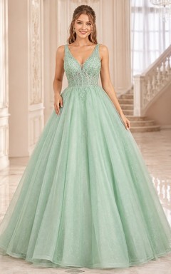 Romantic Mint Green V-neck Sleeveless Lace Tulle Ball Gown Dress