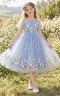 Tea-length Steel Blue Flutter Sleeve Floral Embroidered Tulle Bow Flower Girl Dress