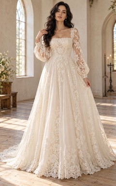 Square Neck Long Sleeve Floral Lace A-line Train Wedding Dress