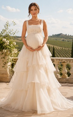 Maternity Wedding Dress Square Neck Lace Bodice Cascading Ruffle Tulle Gown