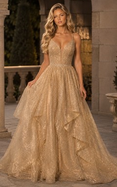 Goldenes Abendkleid, goldener Ballkleid, V-Ausschnitt, Tüll, ärmellos, bodenlang, Luxuskleid