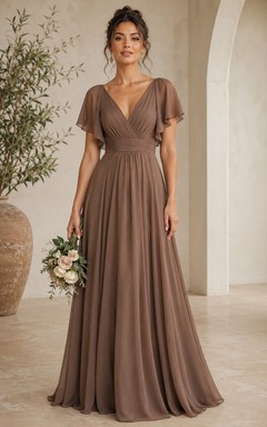 Taupefarbenes Chiffonkleid in A-Linie mit V-Ausschnitt, flatternden Ärmeln