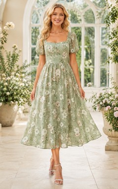 Sage Green Floral Square Neck Short Sleeve A-Line Tea-Length Garden Dress