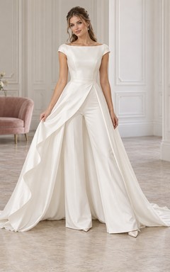 Boat Neck Cap Sleeve Asymmetric Overskirt Wide Bridal Jumpsuit